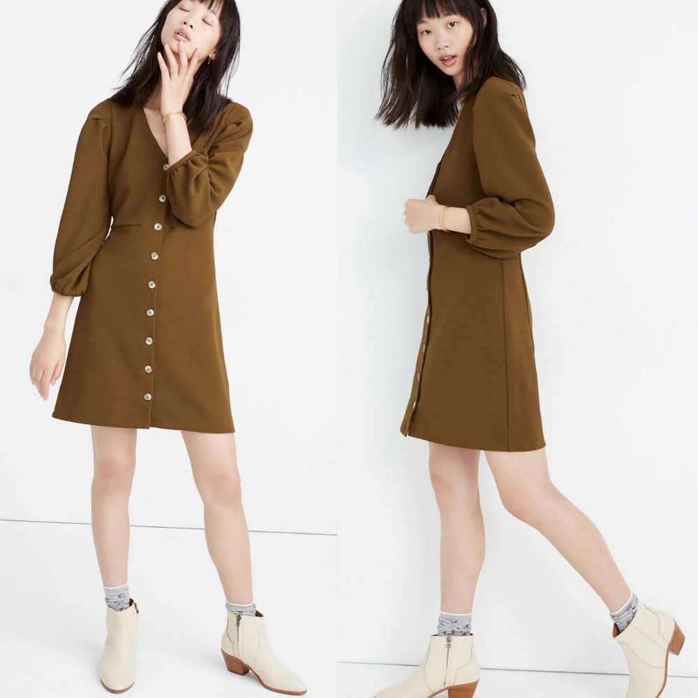 Texture & Thread Madewell Crepe Balloon Sleeve‎ Button Down Dress Small Olive